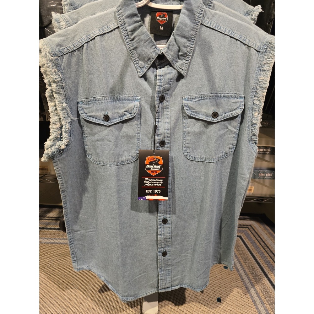 Daniel Smart Mens DM6002 Denim Sleeveless Frayed Button Down Shirt Medium
